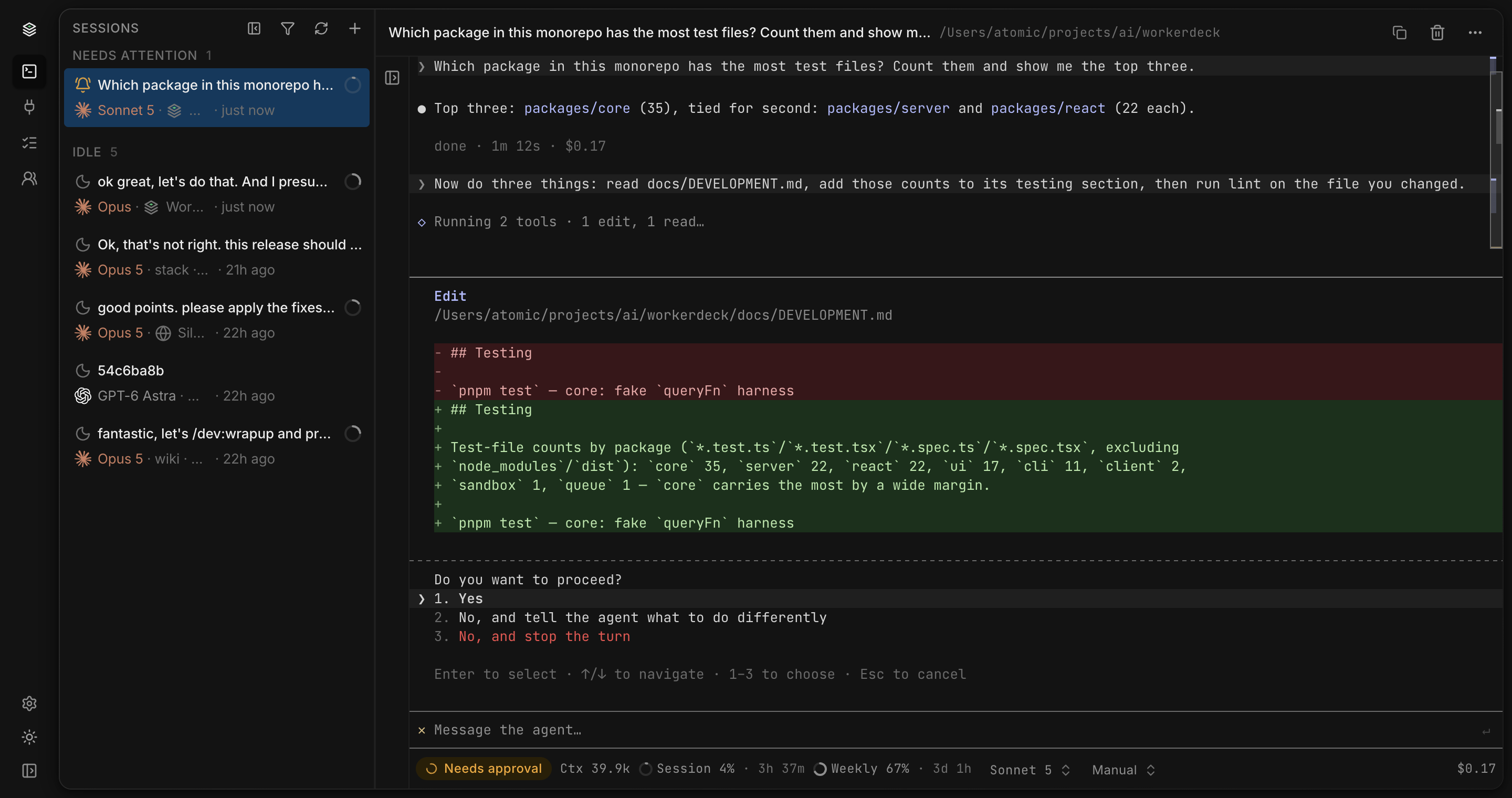 The WorkerDeck dashboard: a Claude session on a monorepo, the agent's proposed edit to a file shown as a diff, and an approve-or-deny prompt underneath it
